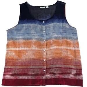 Liz Claiborne Sheer Button Front Blouse Women 3X Blue Ombre Tank Tribal Boho